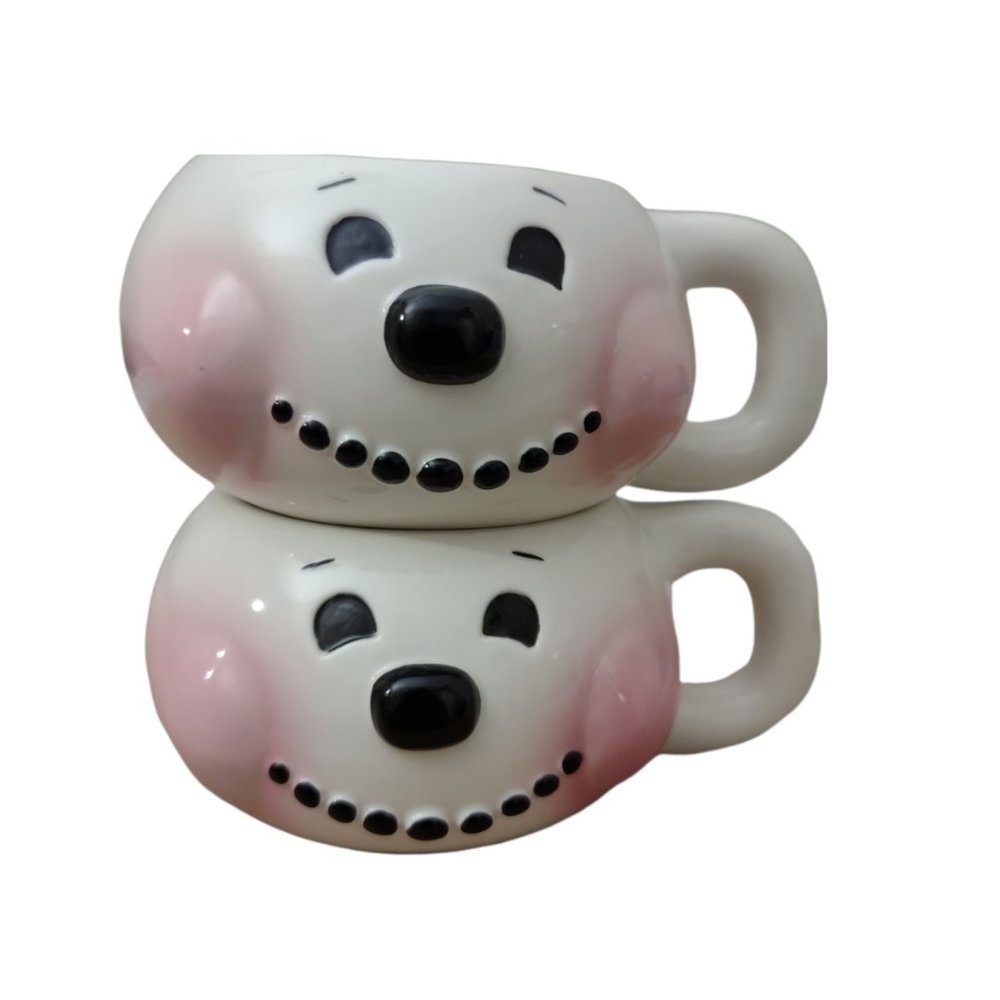 Figis Inc 2000 Vintage Snowman Face Mugs Cups Stacking Retro Kitschy Decor 2 Pc